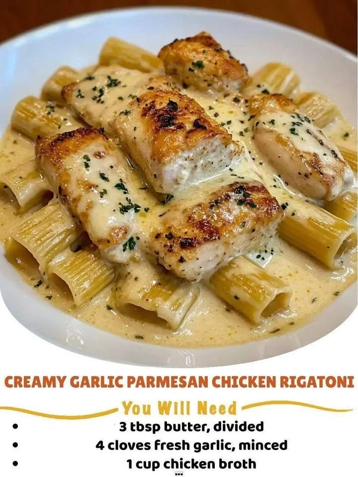 Creamy Garlic Parmesan Chicken Rigatoni served on a plate with herbs.