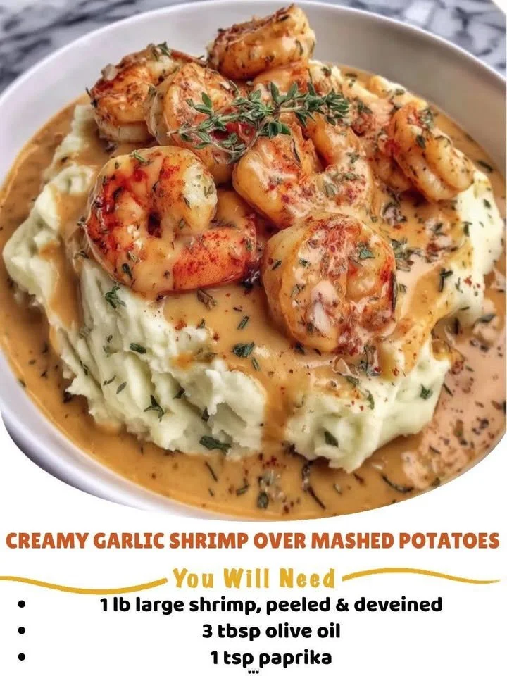 Creamy garlic shrimp served over mashed potatoes in a delicious dish