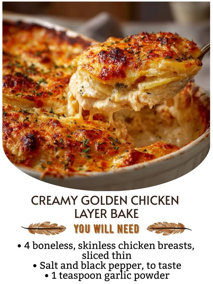 Creamy golden chicken layer bake topped with herbs and cheese, served in a casserole dish.