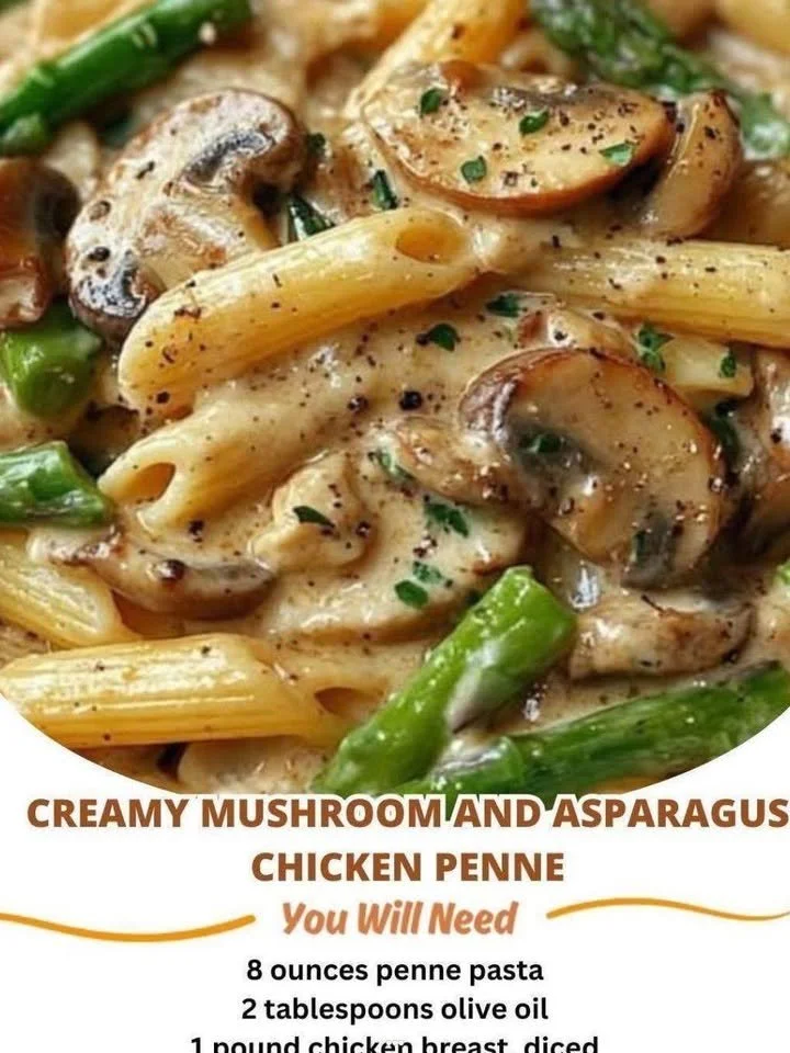Creamy mushroom and asparagus chicken penne pasta dish with fresh ingredients
