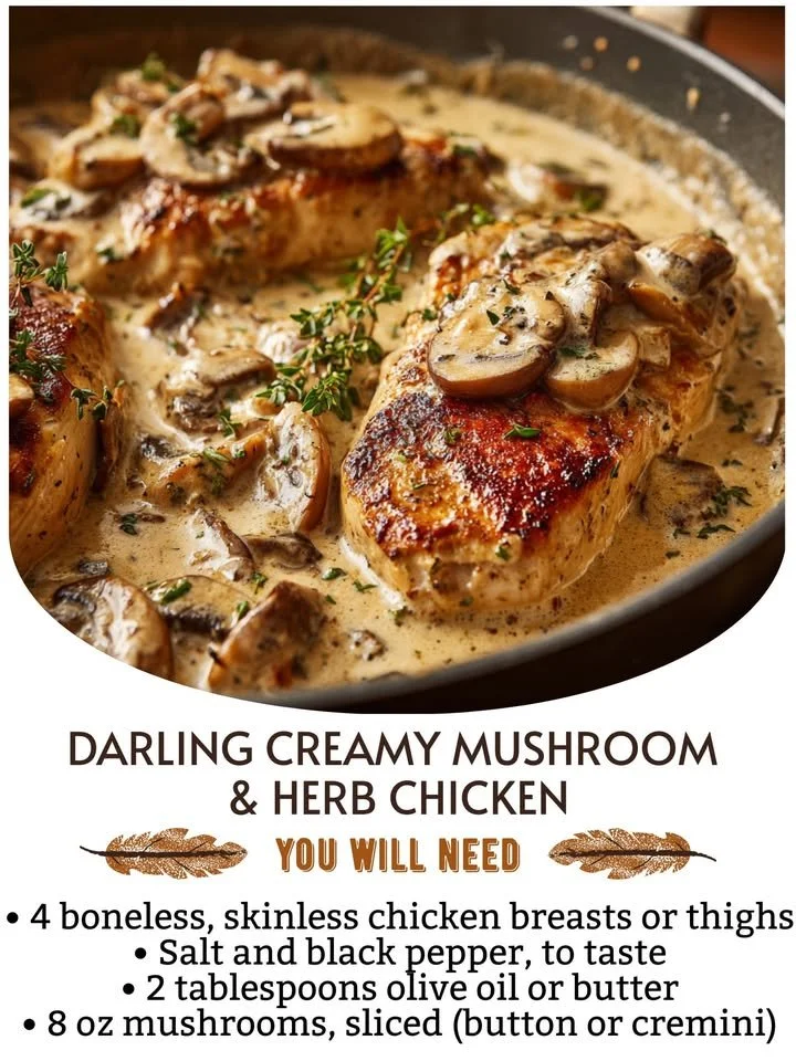 Creamy mushroom chicken with herbs in a delicious sauce.
