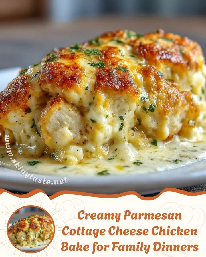 Creamy Parmesan Cottage Cheese Chicken Bake served in a baking dish