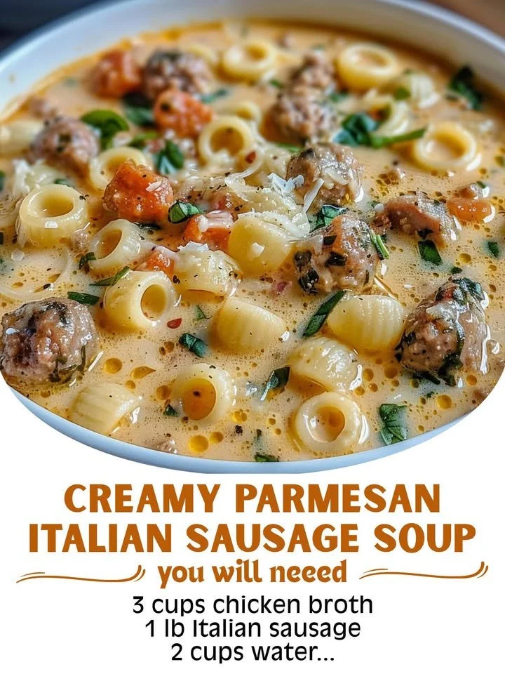 Bowl of creamy Parmesan sausage soup with ditalini pasta and garnished green herbs