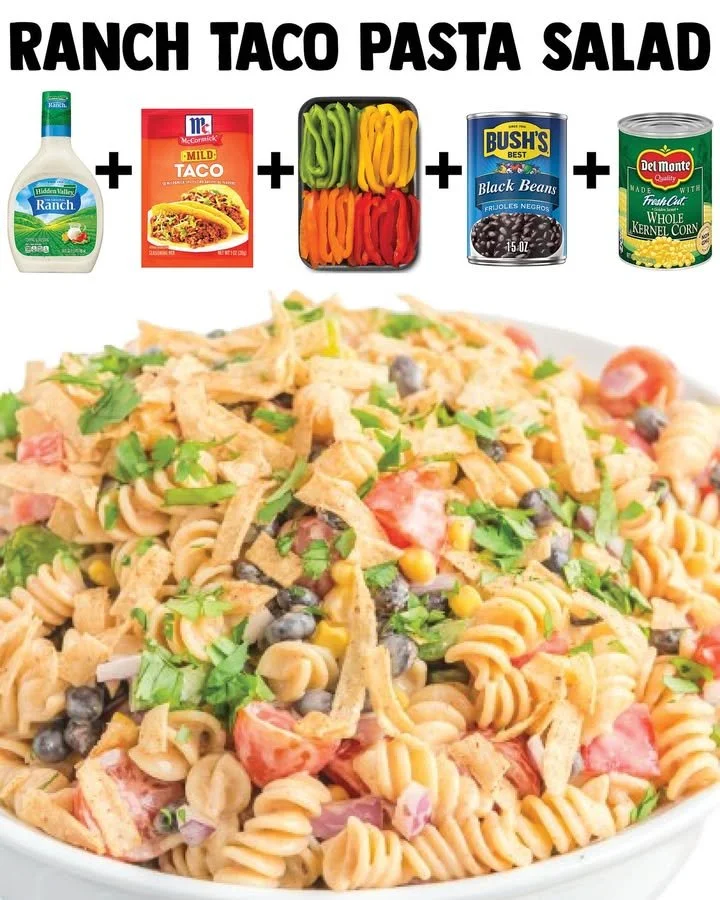 Creamy ranch taco pasta salad in a bowl with colorful ingredients