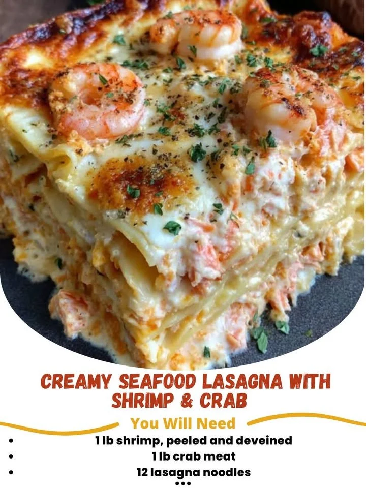 Creamy seafood lasagna with shrimp and crab, served in a dish.