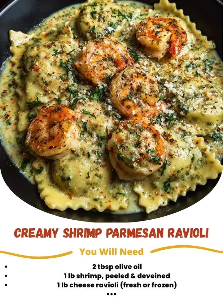 Plate of creamy shrimp parmesan ravioli garnished with herbs