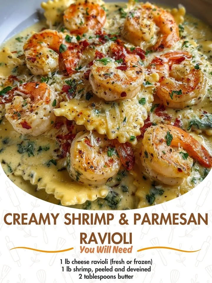 Creamy Shrimp and Parmesan Ravioli served with herbs