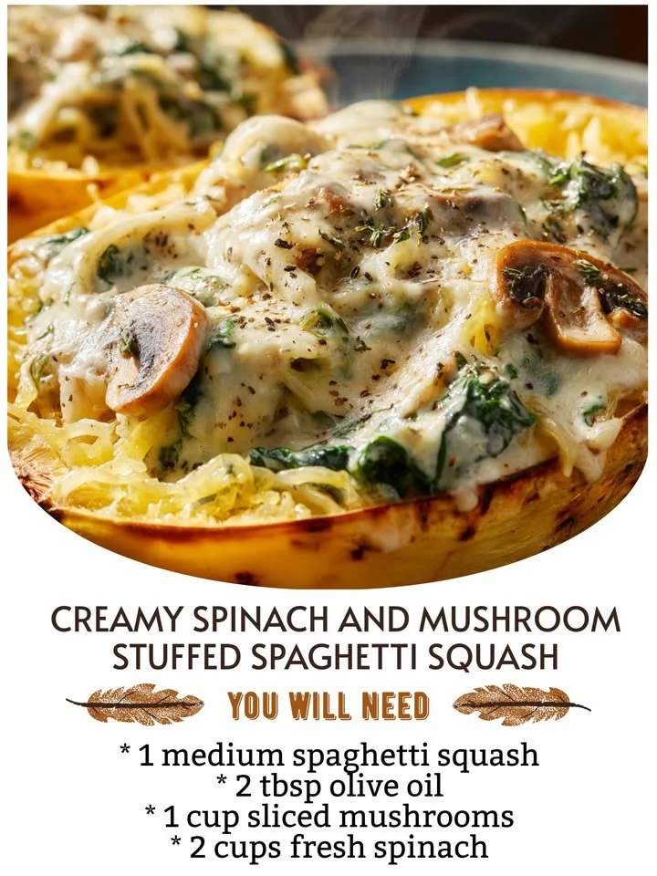 Creamy spinach and mushroom stuffed spaghetti squash on a plate
