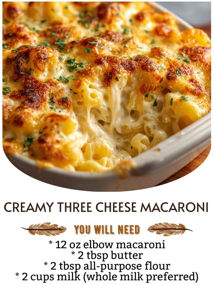 Creamy three cheese macaroni dish with rich, gooey cheese and pasta