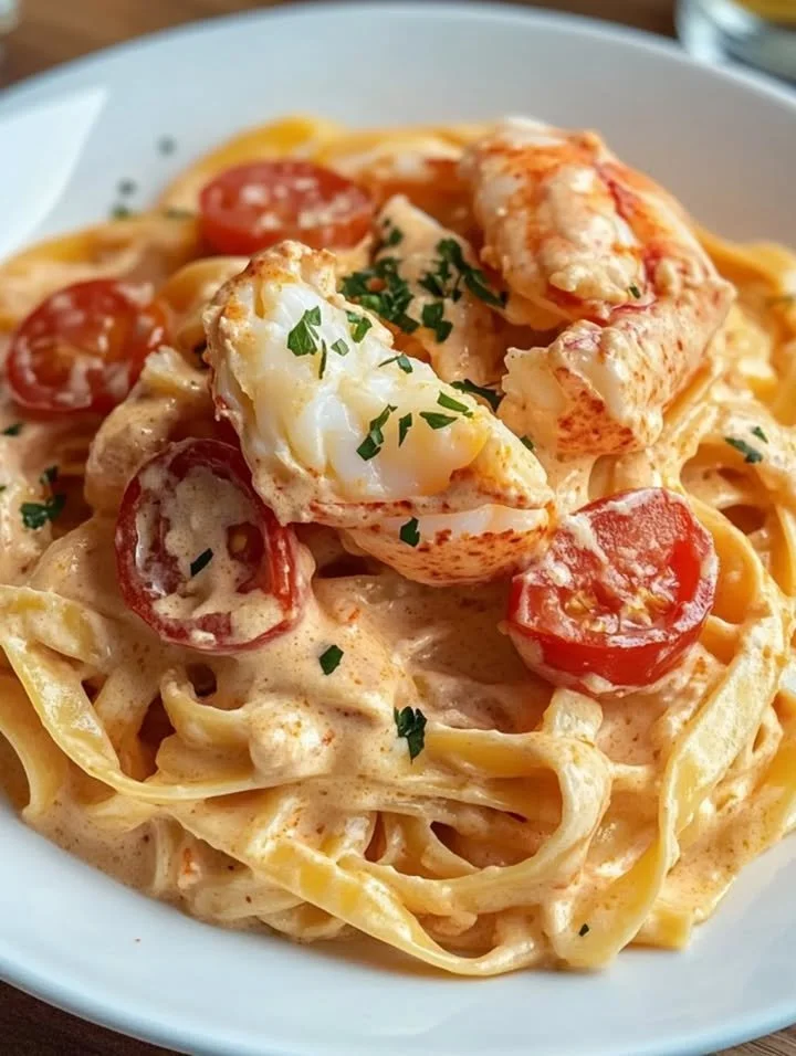 Creamy tomato lobster pasta garnished with herbs and cherry tomatoes