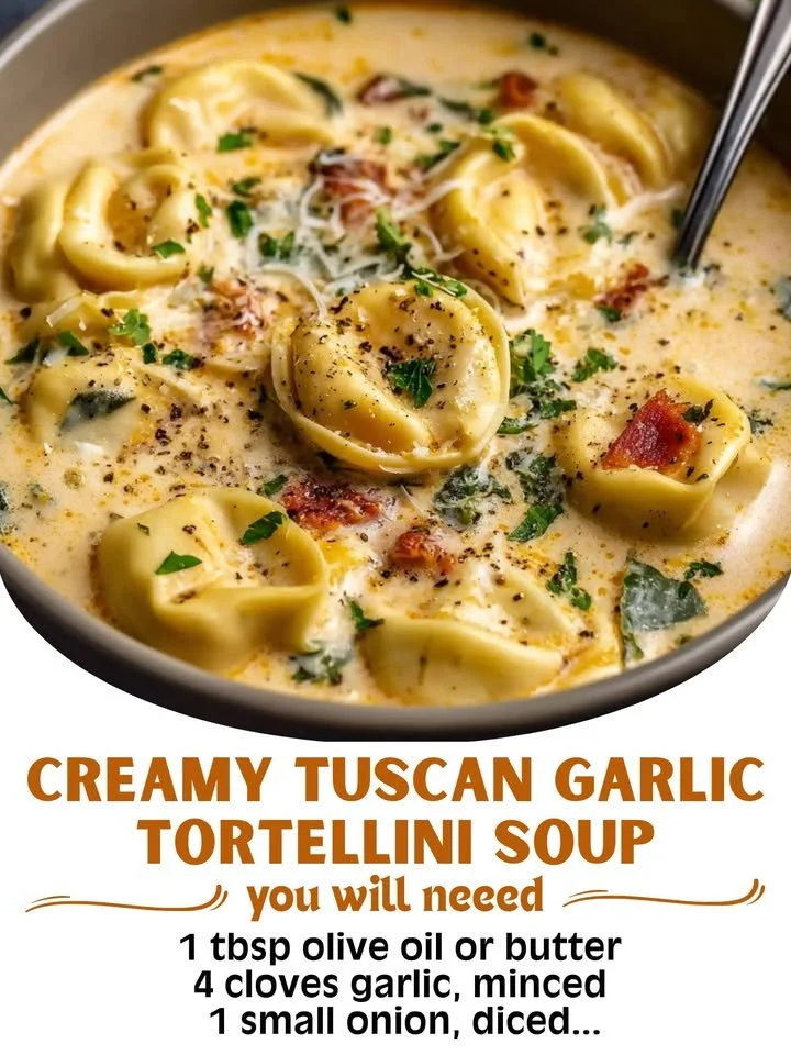 Creamy Tuscan garlic tortellini soup in a bowl garnished with herbs.