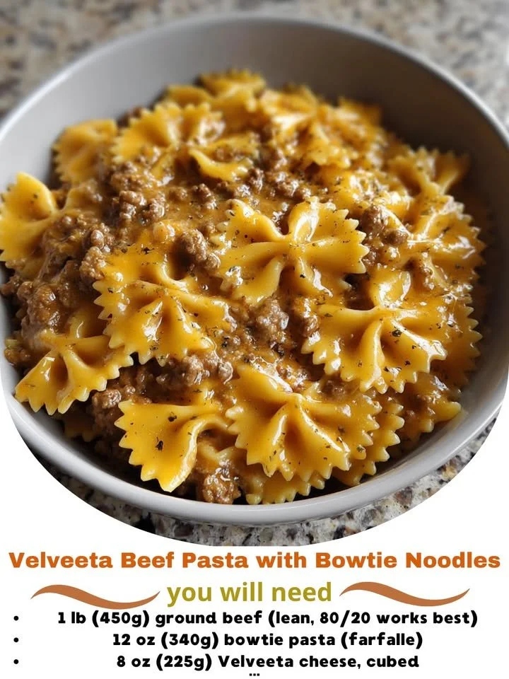 Creamy Velveeta beef pasta with bowtie noodles served in a bowl