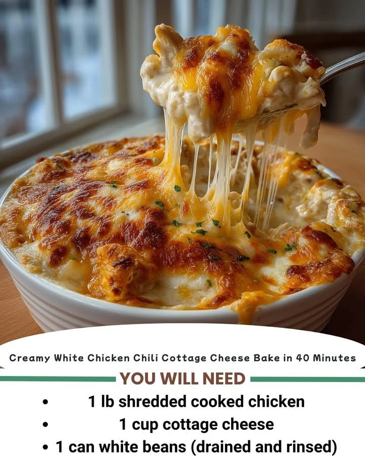Creamy white chicken chili cottage cheese bake served in a bowl