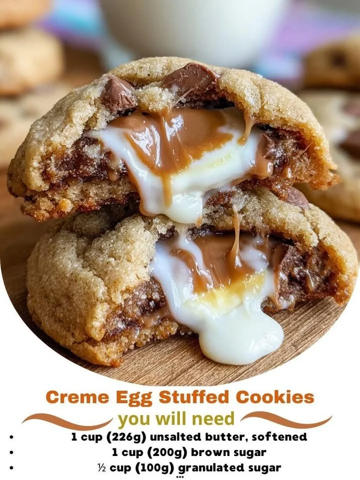 Delicious Creme Egg Stuffed Cookies with a gooey chocolate center