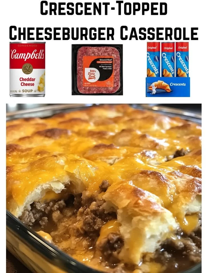 Crescent-Topped Cheeseburger Casserole baked in a golden crust