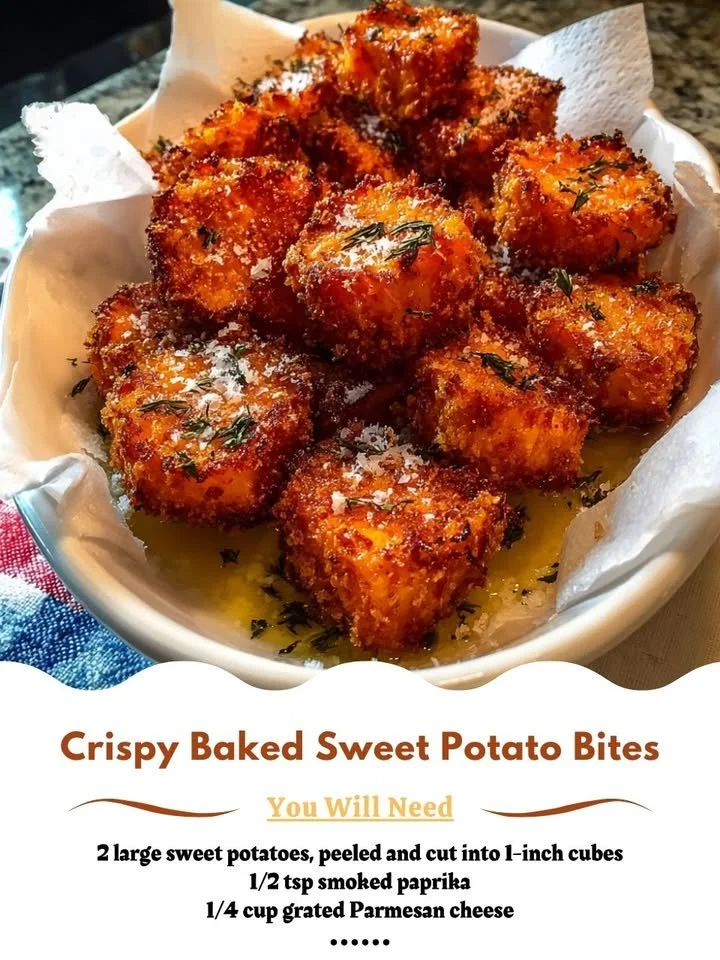Crispy baked sweet potato bites served on a plate, garnished and ready to eat.