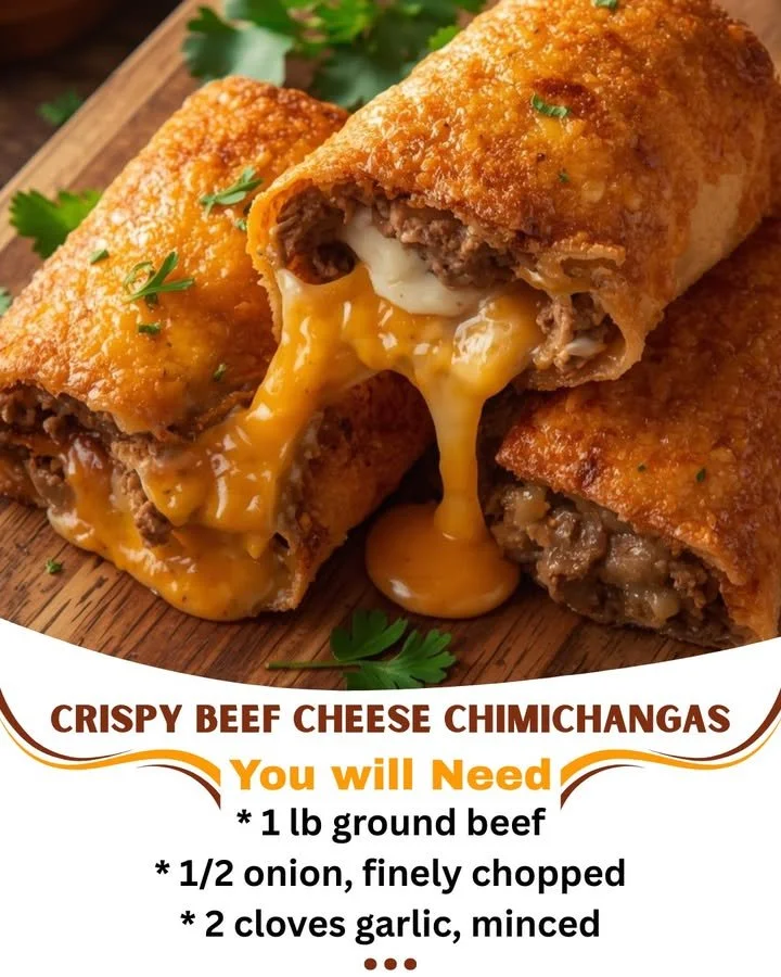 Crispy beef cheese chimichangas served with salsa and guacamole.