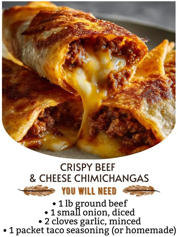 Crispy beef chimichangas filled with cheese, garnished and ready to serve.