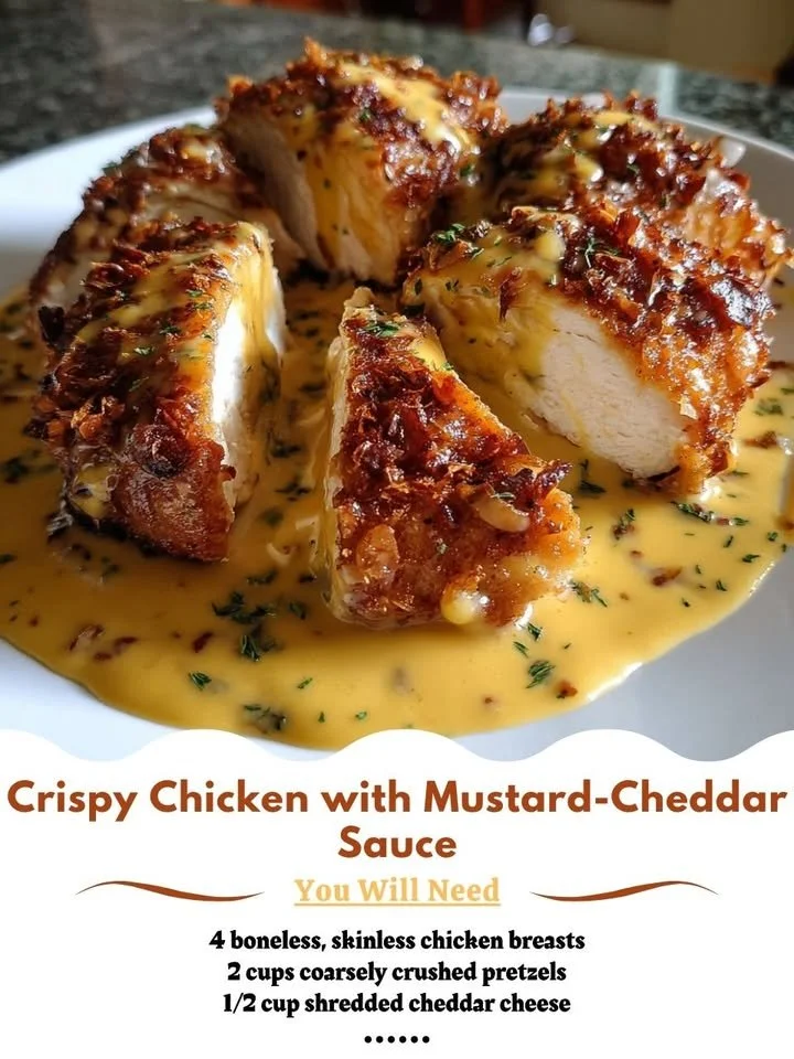 Crispy chicken breast drizzled with mustard-cheddar sauce on a plate