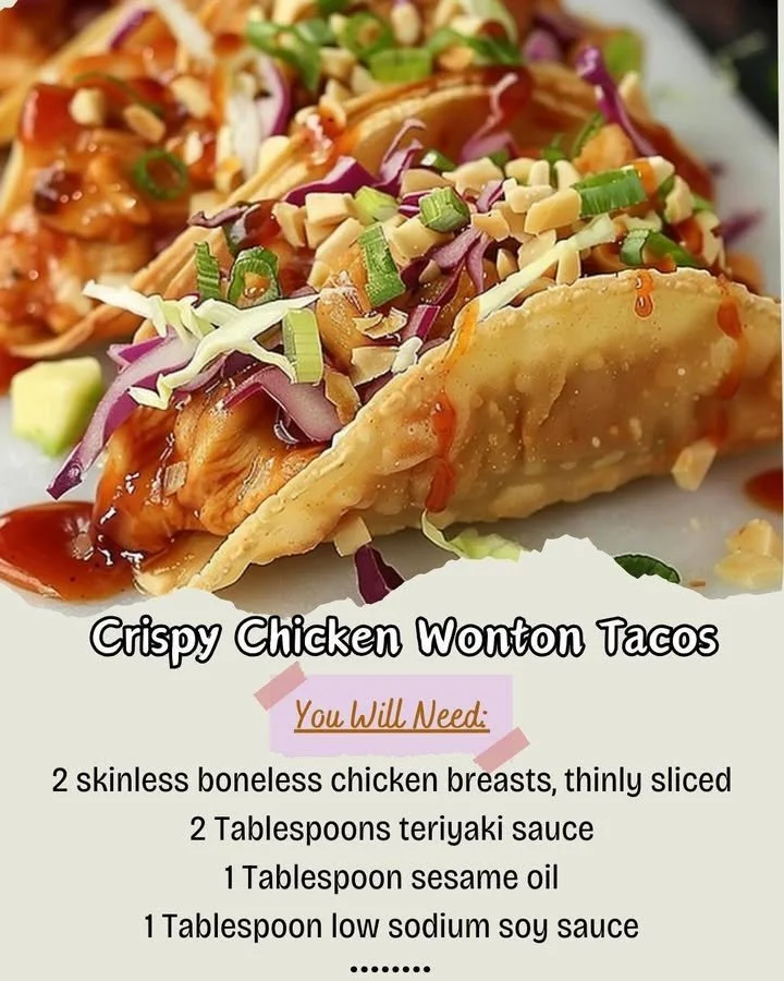 Crispy chicken wonton tacos topped with fresh ingredients and served in a colorful dish