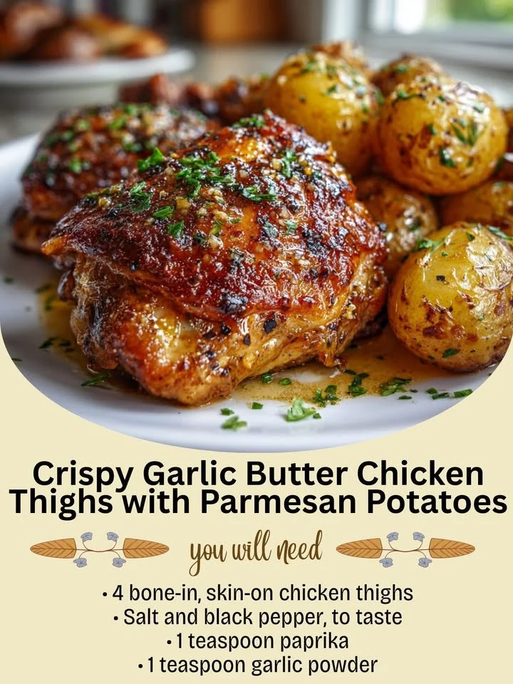 Crispy garlic butter chicken thighs served with Parmesan roasted potatoes