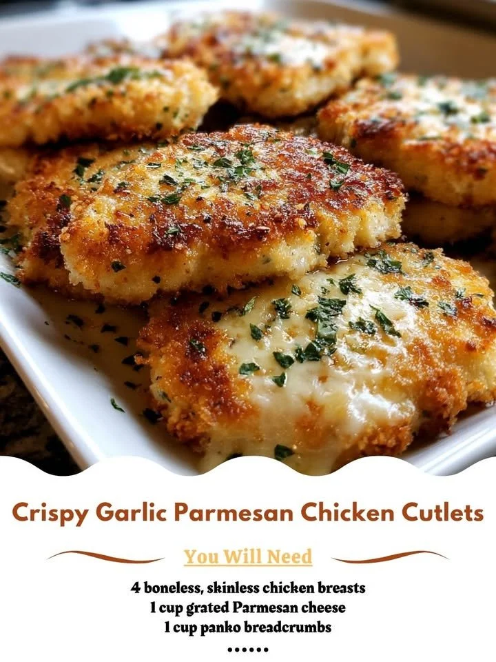 Crispy garlic parmesan chicken cutlets served with a fresh garnish