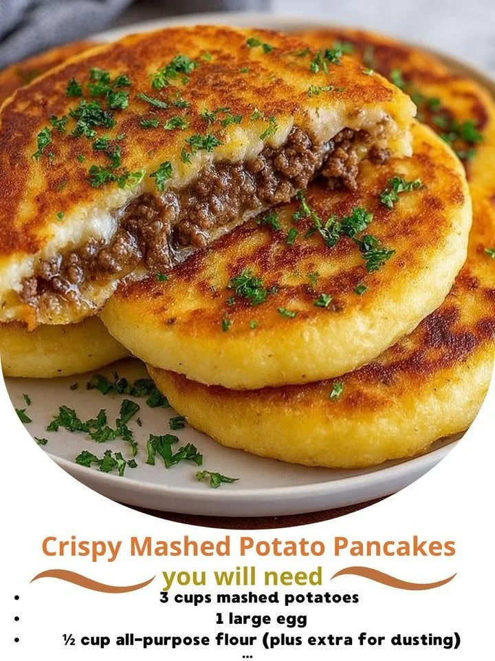 Crispy mashed potato pancakes with savory meat filling served on a plate.