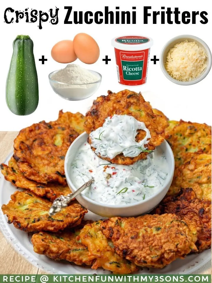 Crispy zucchini fritters served with yogurt dill sauce on a plate