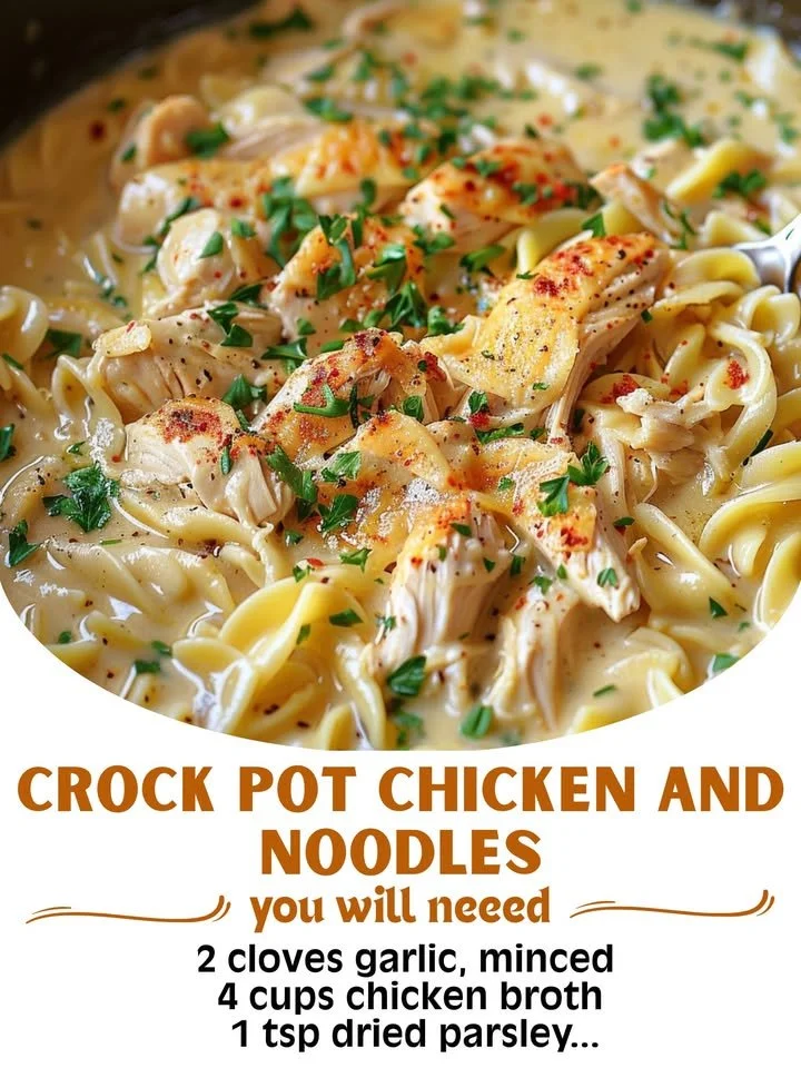 Crock Pot chicken and noodles served in a bowl with herbs and spices