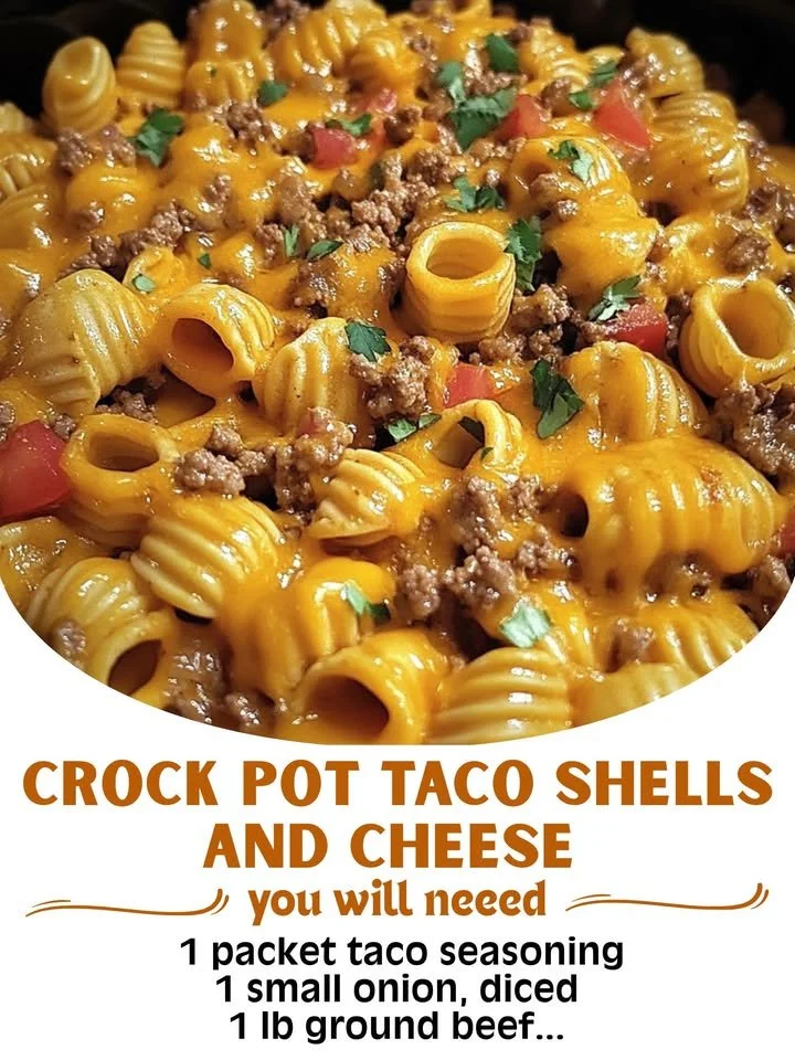 Crock Pot taco shells and cheese dish topped with melted cheese