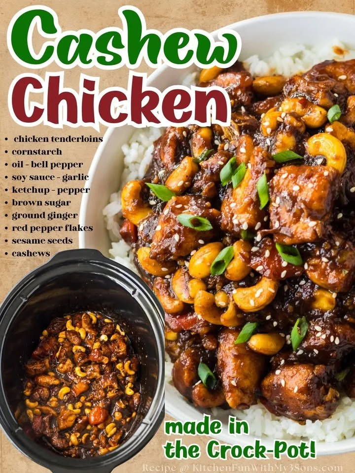 Delicious Crockpot Cashew Chicken served with rice and garnished with green onions.