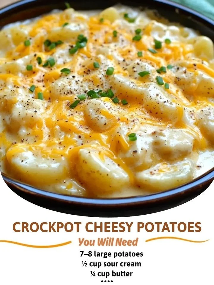 Delicious crockpot cheesy potatoes topped with melted cheese and herbs