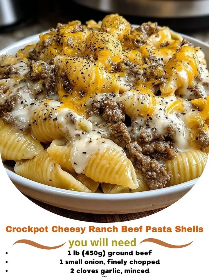 Crockpot Cheesy Ranch Beef Pasta Shells in a creamy sauce