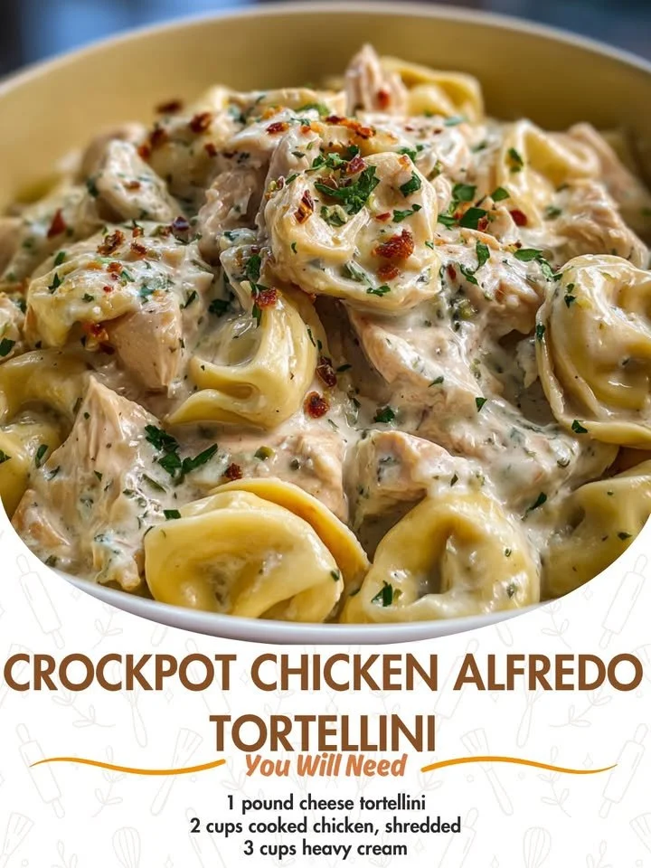 Crockpot Chicken Alfredo Tortellini served in a bowl with fresh herbs.