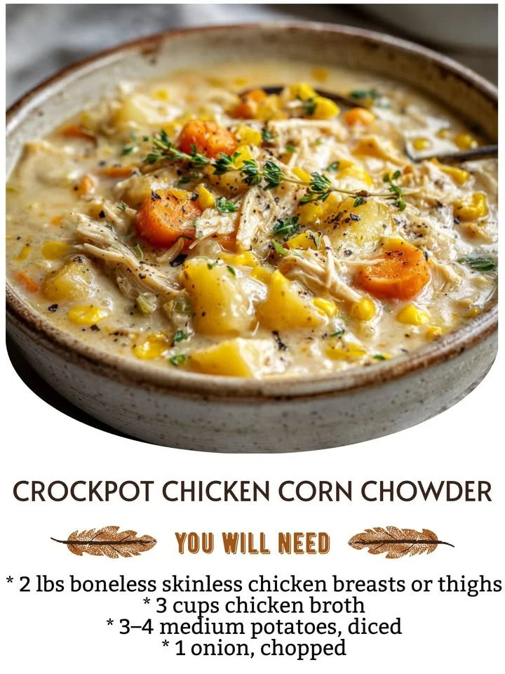 Bowl of homemade crockpot chicken corn chowder topped with herbs and served warm