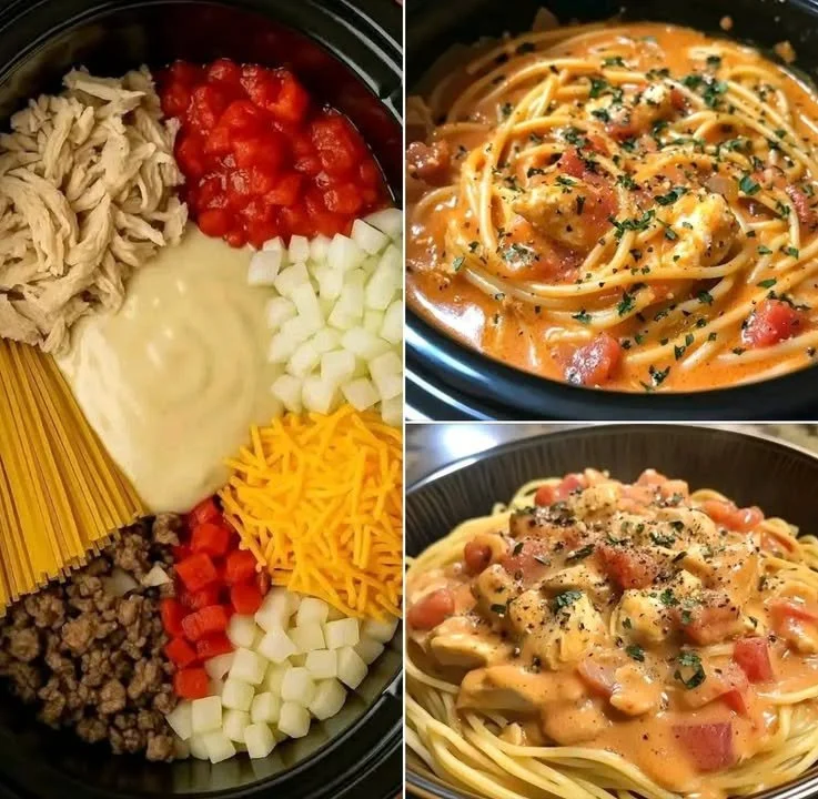 Delicious crockpot chicken spaghetti served in a bowl with herbs and spices