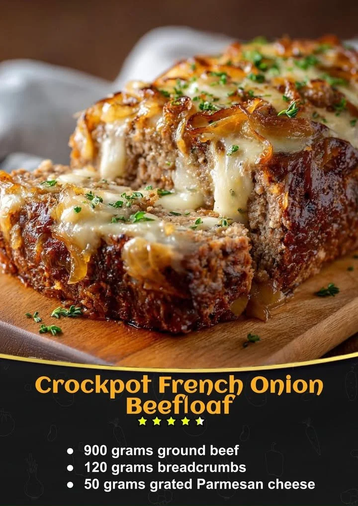 Delicious Crockpot French Onion Beefloaf served on a plate with garnish