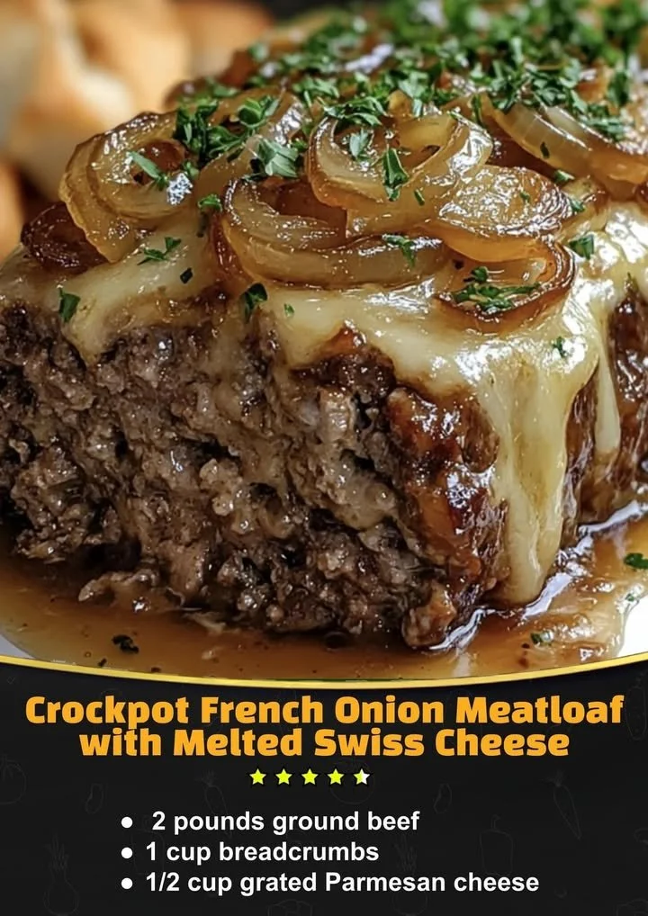 Crockpot French Onion Meatloaf with melted Swiss cheese, served on a plate.