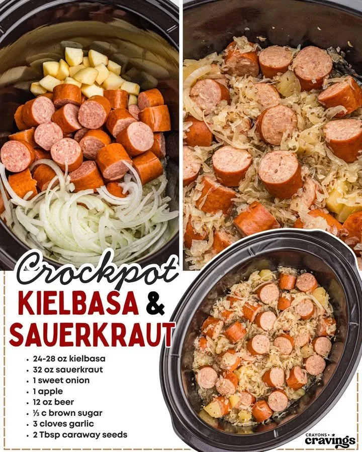 Crockpot Kielbasa and Sauerkraut dish served in a slow cooker