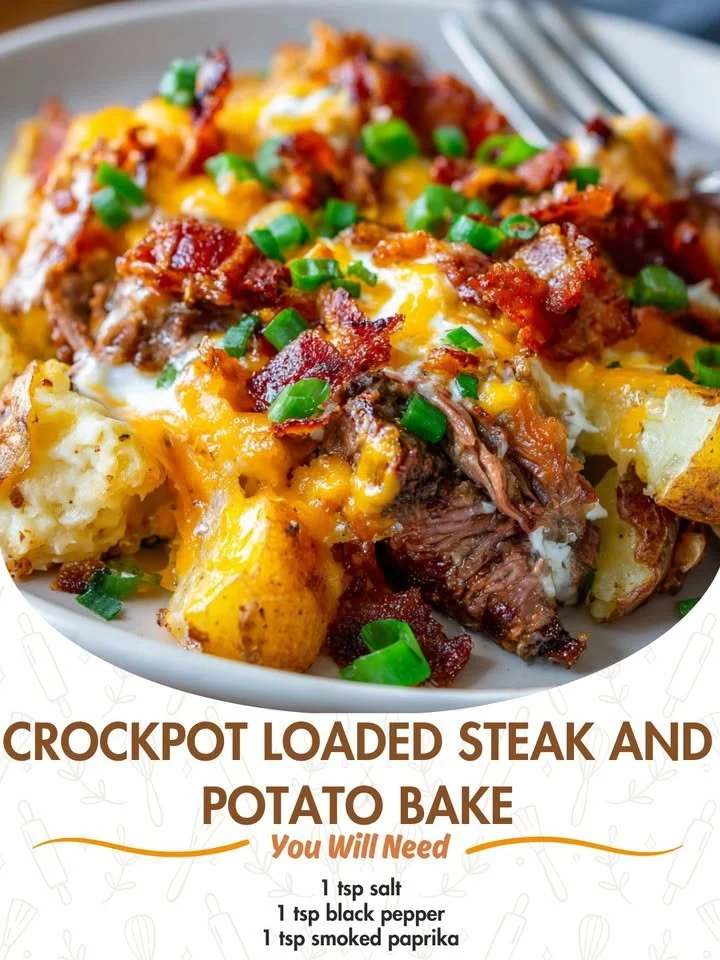 Crockpot Loaded Steak and Potato Bake with melted cheese and herbs