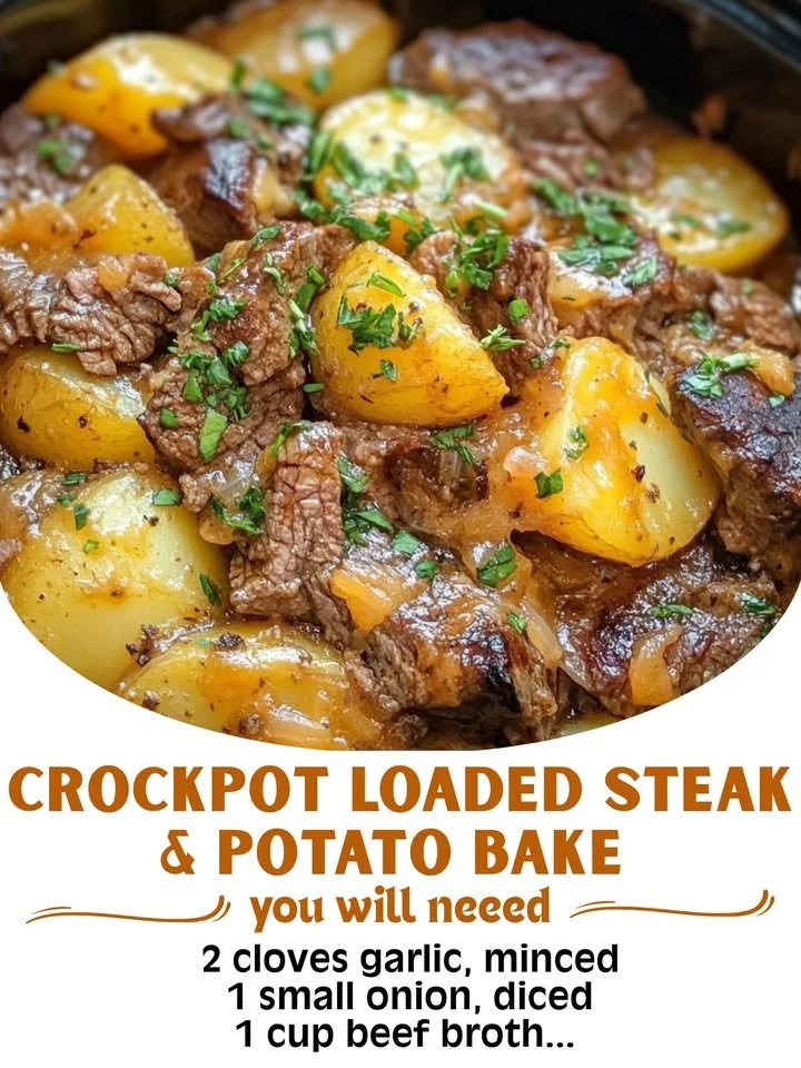 Crockpot Loaded Steak and Potato Bake with melted cheese and fresh herbs