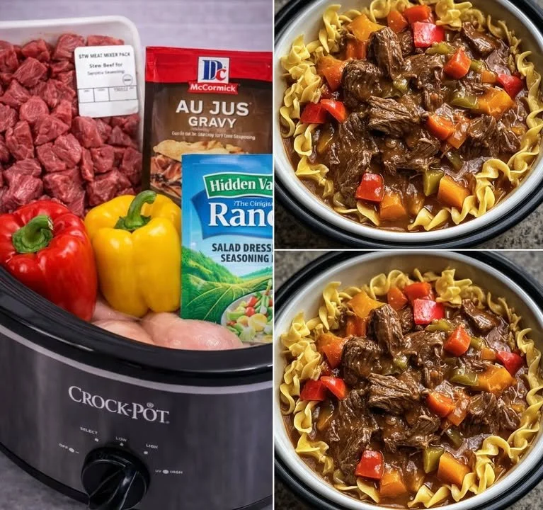 Crockpot Mississippi Beef and Noodles served in a bowl with herbs