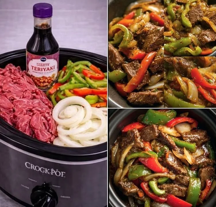 Crockpot Pepper Steak cooking in slow cooker with bell peppers and beef.