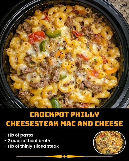 Crockpot Philly Cheesesteak Mac and Cheese topped with cheese and steak strips