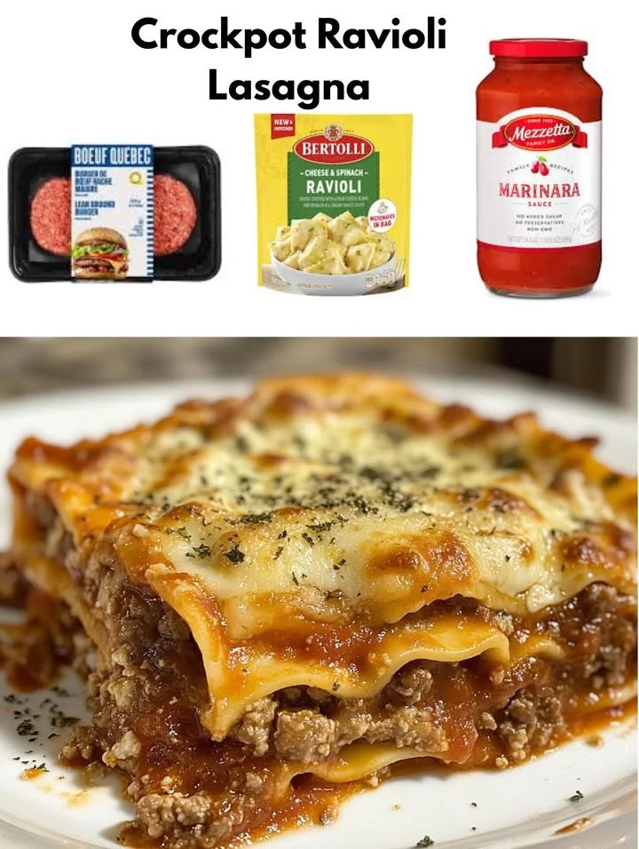 Crockpot ravioli lasagna served in a dish with melted cheese and herbs