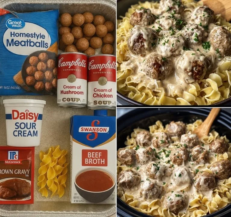 Crockpot Swedish Meatball Pasta served in a bowl with fresh herbs