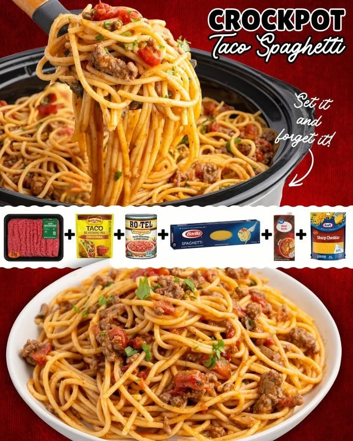 Crockpot Taco Spaghetti served in a bowl, showcasing colorful ingredients and toppings.