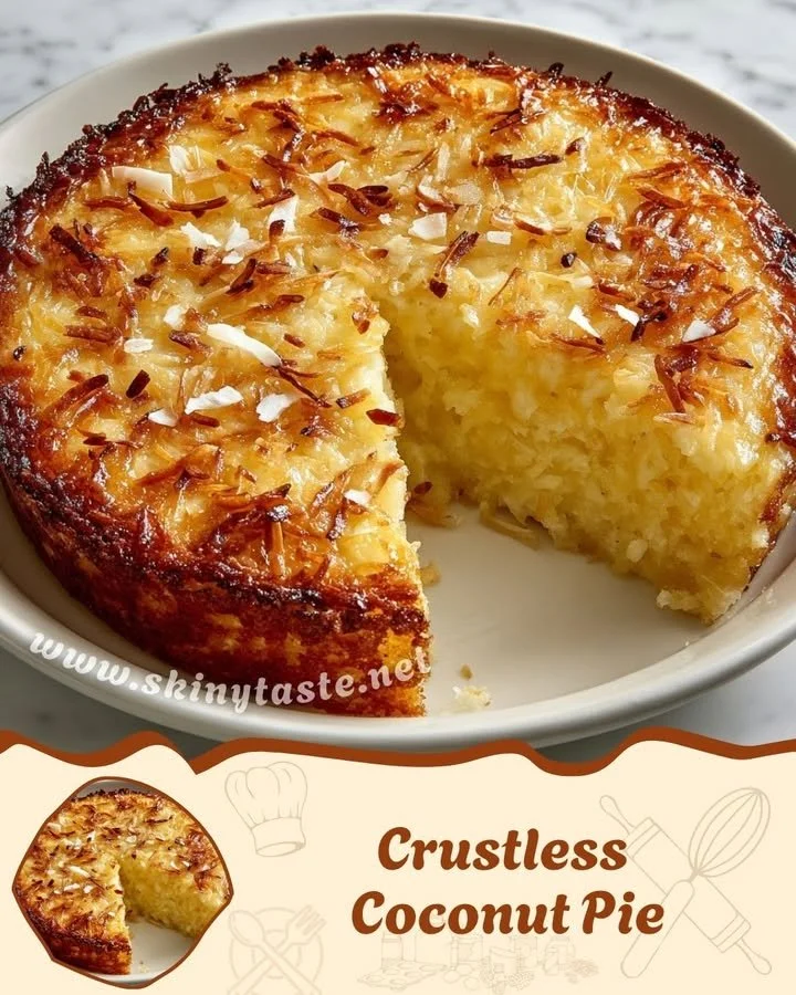 Deliciously creamy crustless coconut pie topped with shredded coconut and served in a dessert dish.