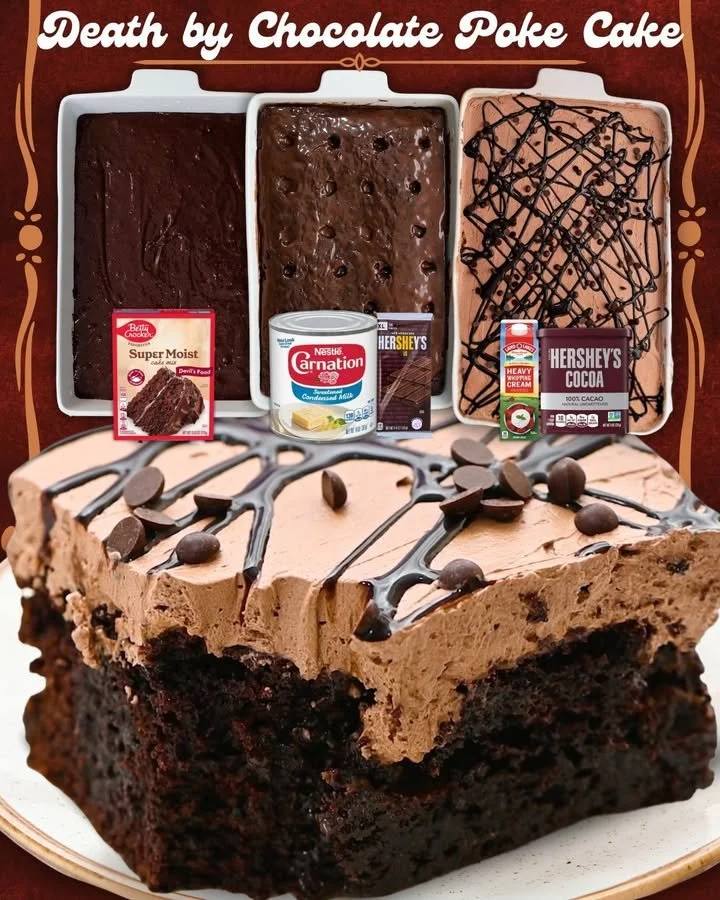 Death by Chocolate Poke Cake with chocolate drizzle and whipped cream topping