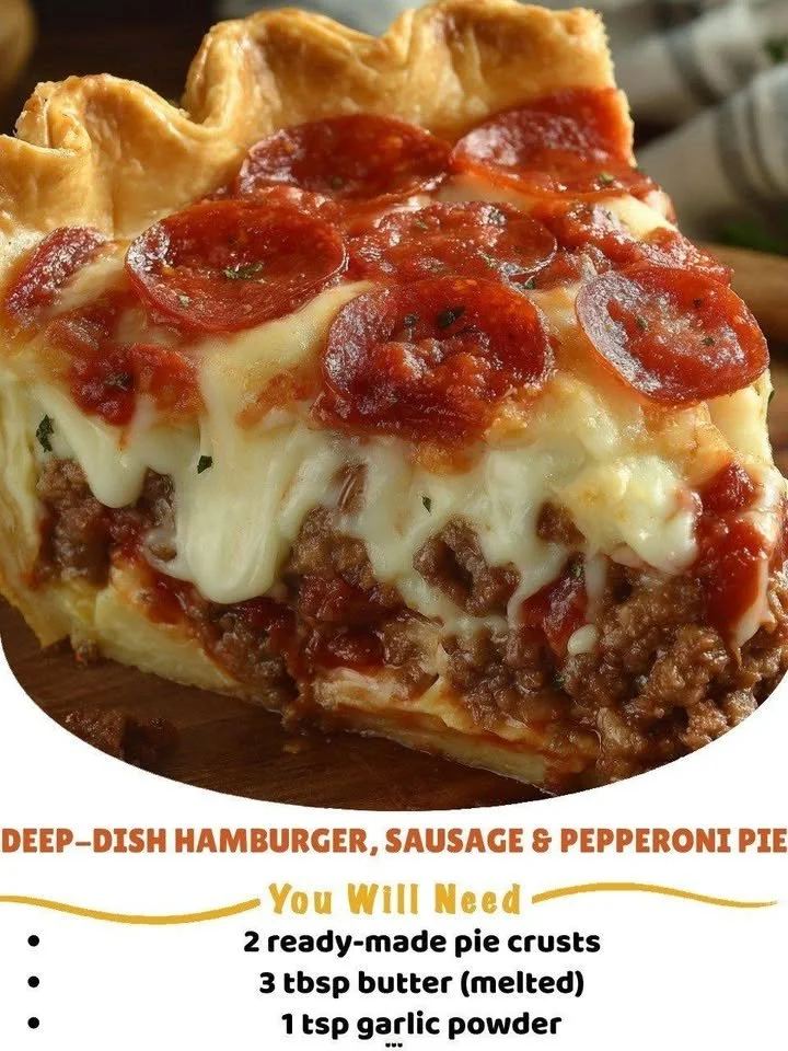 Deep-dish hamburger, sausage, and pepperoni pie garnished with herbs.